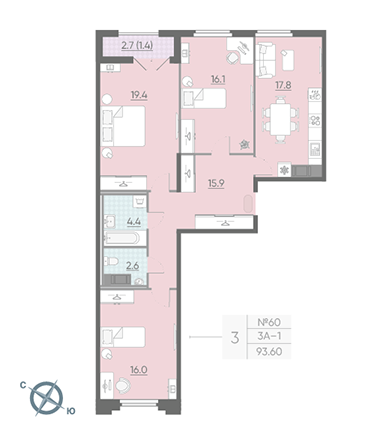 Трёхкомнатная квартира 93.6 м²