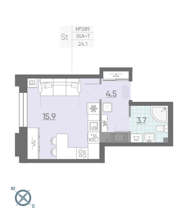 Студия 24.1 м²