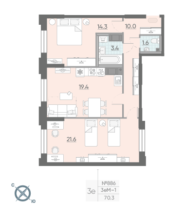 Двухкомнатная квартира 70.3 м²