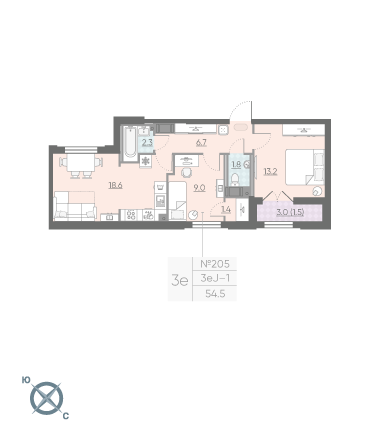 Двухкомнатная квартира 54.5 м²