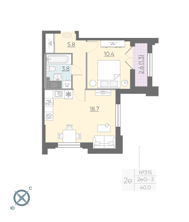 Однокомнатная квартира 40 м²