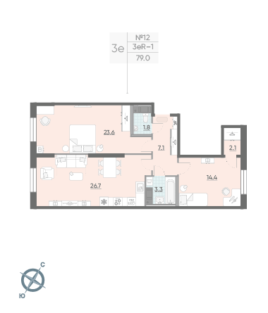 Двухкомнатная квартира 79 м²