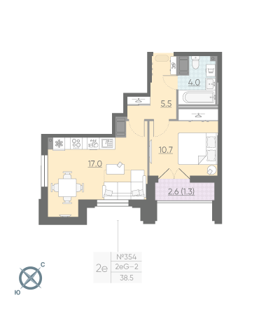 Однокомнатная квартира 38.5 м²