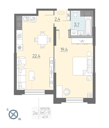 Однокомнатная квартира 47.9 м²