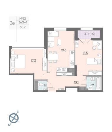 Двухкомнатная квартира 68.9 м²