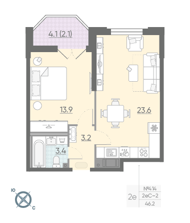 Однокомнатная квартира 46.2 м²
