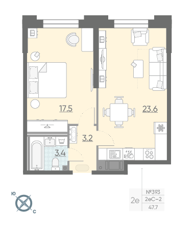 Однокомнатная квартира 47.7 м²