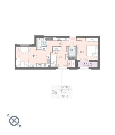 Двухкомнатная квартира 54.5 м²