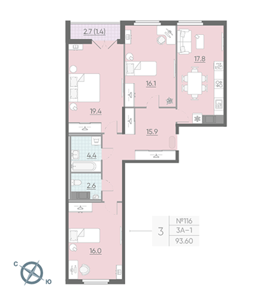Трёхкомнатная квартира 94 м²