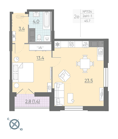 Однокомнатная квартира 45.7 м²