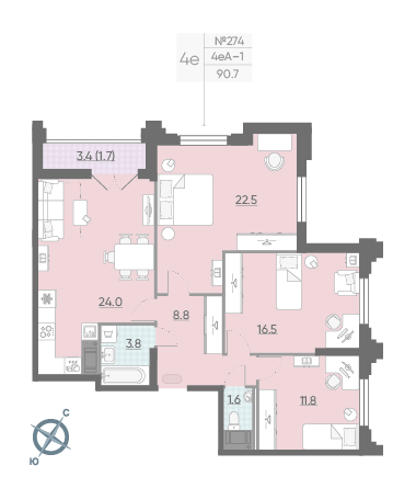 Трёхкомнатная квартира 90.7 м²