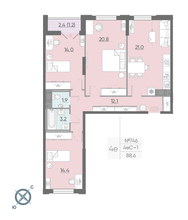 Трёхкомнатная квартира 88.6 м²
