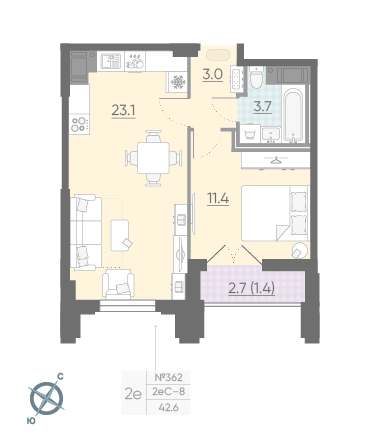 Однокомнатная квартира 42.6 м²