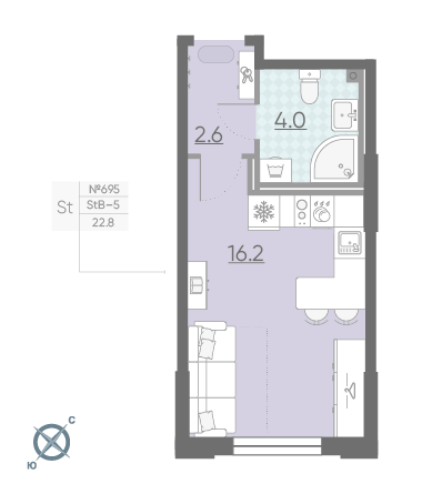 Студия 22.8 м²