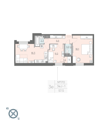 Двухкомнатная квартира 57.5 м²