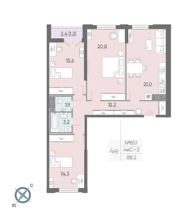 Трёхкомнатная квартира 88.2 м²