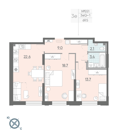 Двухкомнатная квартира 69.5 м²