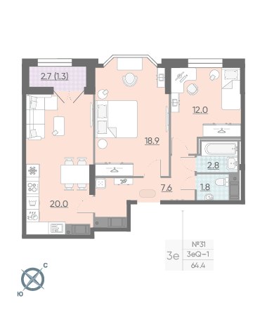 Двухкомнатная квартира 64.4 м²