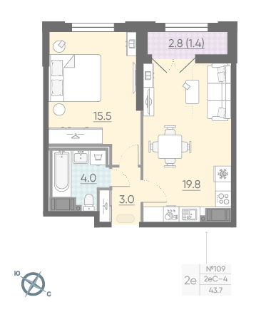 Однокомнатная квартира 43.7 м²
