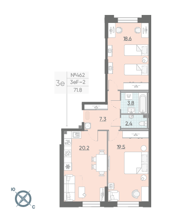 Двухкомнатная квартира 71.8 м²
