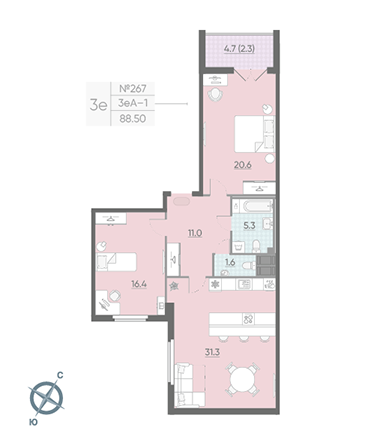 Двухкомнатная квартира 89.4 м²