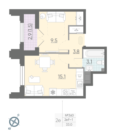 Однокомнатная квартира 33 м²