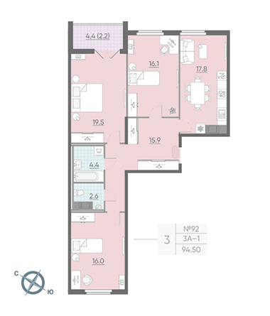 Трёхкомнатная квартира 95.4 м²