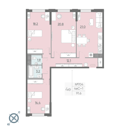 Трёхкомнатная квартира 91.6 м²