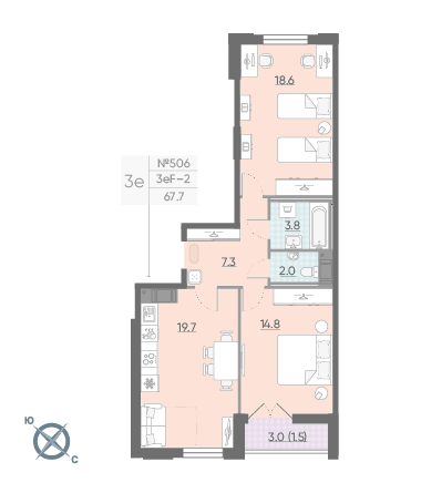 Двухкомнатная квартира 67.7 м²
