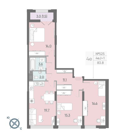 Трёхкомнатная квартира 83.8 м²