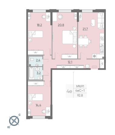 Трёхкомнатная квартира 92.8 м²