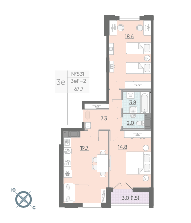 Двухкомнатная квартира 67.7 м²