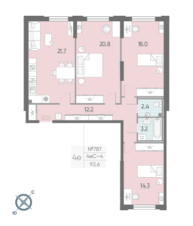 Трёхкомнатная квартира 92.6 м²
