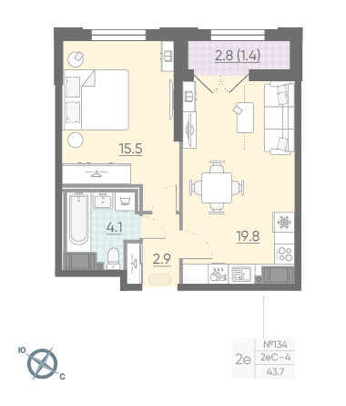 Однокомнатная квартира 43.7 м²
