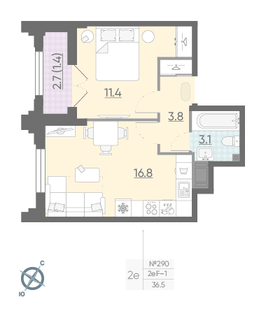 Однокомнатная квартира 36.5 м²