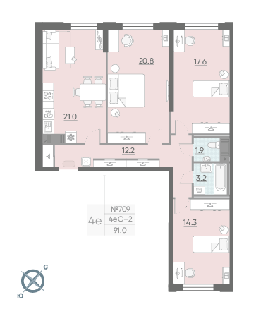Трёхкомнатная квартира 91 м²