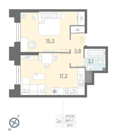 Однокомнатная квартира 39.5 м²