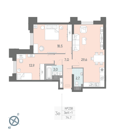 Двухкомнатная квартира 74.7 м²
