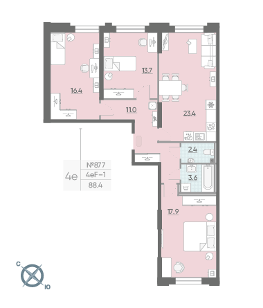 Трёхкомнатная квартира 88.4 м²