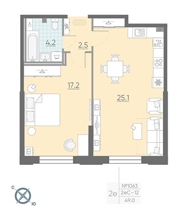 Однокомнатная квартира 49 м²