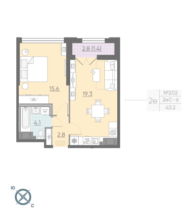 Однокомнатная квартира 43.2 м²