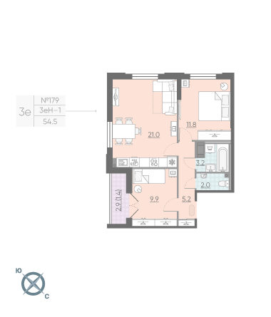 Двухкомнатная квартира 54.5 м²