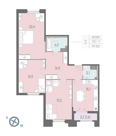 Трёхкомнатная квартира 97.5 м²