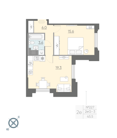 Однокомнатная квартира 44.5 м²