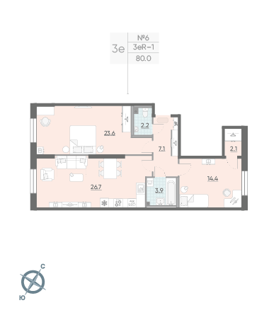 Двухкомнатная квартира 80 м²