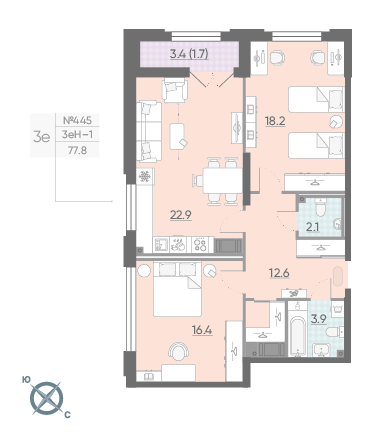 Двухкомнатная квартира 77.8 м²