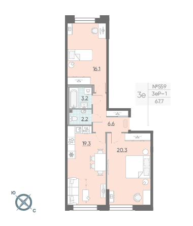 Двухкомнатная квартира 67.7 м²