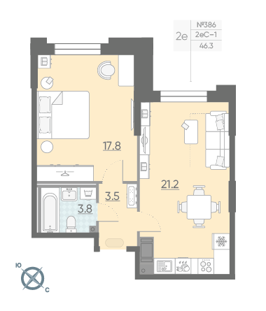 Однокомнатная квартира 46.3 м²