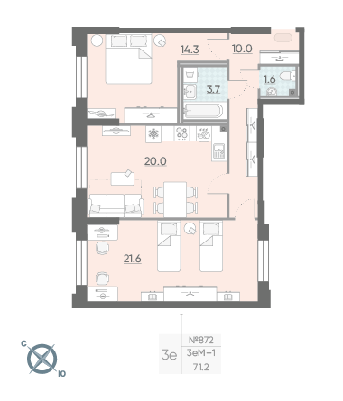 Двухкомнатная квартира 71.2 м²