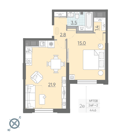 Однокомнатная квартира 44.6 м²